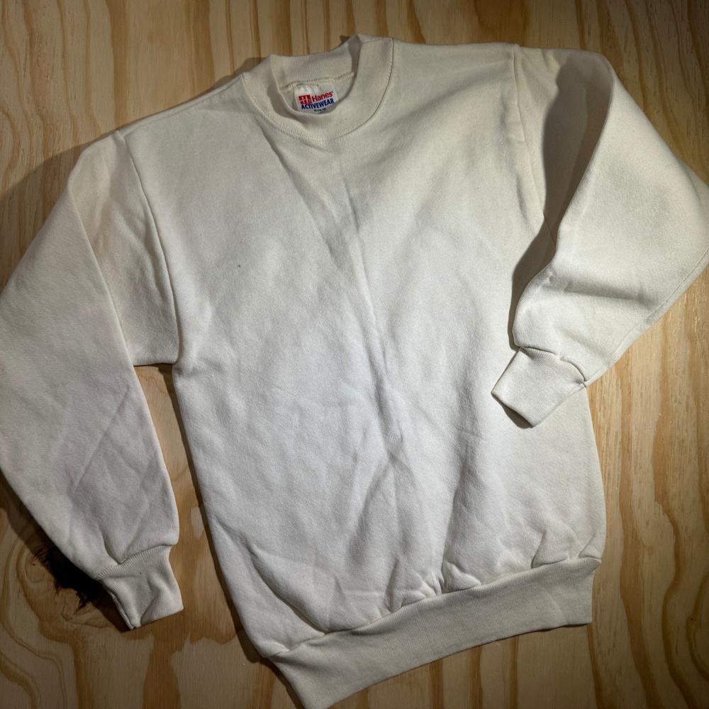 Hanes Activewear Kids Plain Crewneck Sweatshirt Off White Solid Fleece Vintage M